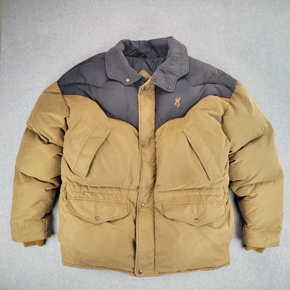 Browning Goose Down Puffer Jacket Mens XL Brown Black Western Yoke Vintage